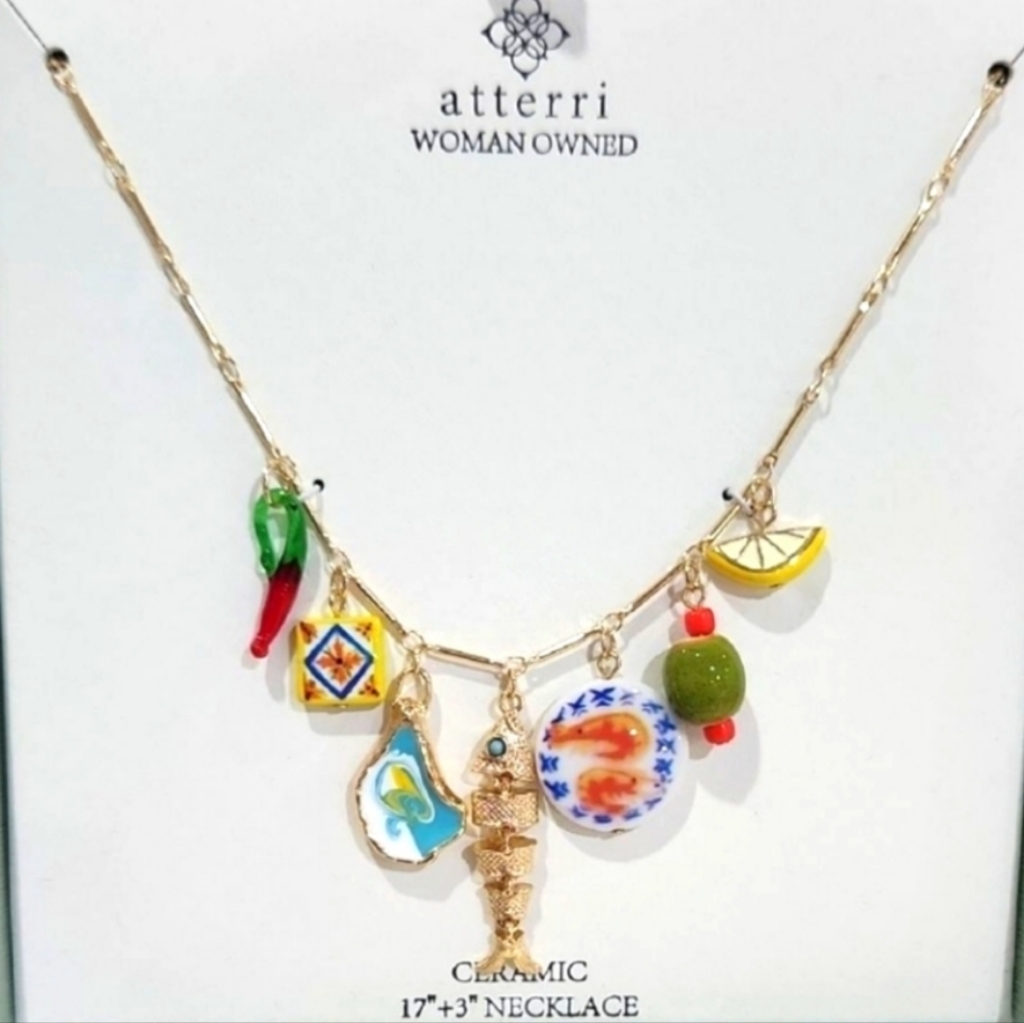 Atterri Tapas Oyster Fish Olive Lemon Shrimpchili Pepper Charm Necklace Bnib 42$